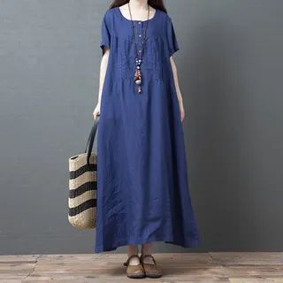 Short-Sleeve Maxi A-Line Linen Dress | YesStyle Global