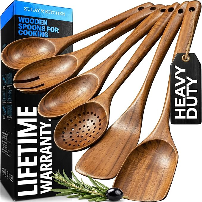 Zulay Kitchen 6 Piece Wooden Spoons for Cooking – Natural Teak Wooden Utensil Set, Easy to Clea... | Amazon (US)