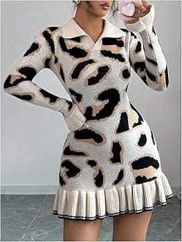 RoseSeek Women's Leopard Print Sweater Dresses Cheetah Collar Neck Long Sleeve Ruffle Hem Mini Dr... | Amazon (US)