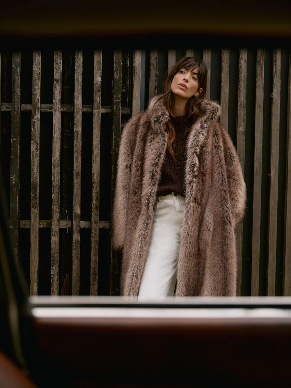 Neutral Faux Fur Long Coat | Mint Velvet