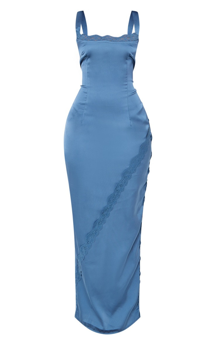 Petite Mineral Blue Satin Maxi Dress With Lace Detail | PrettyLittleThing US