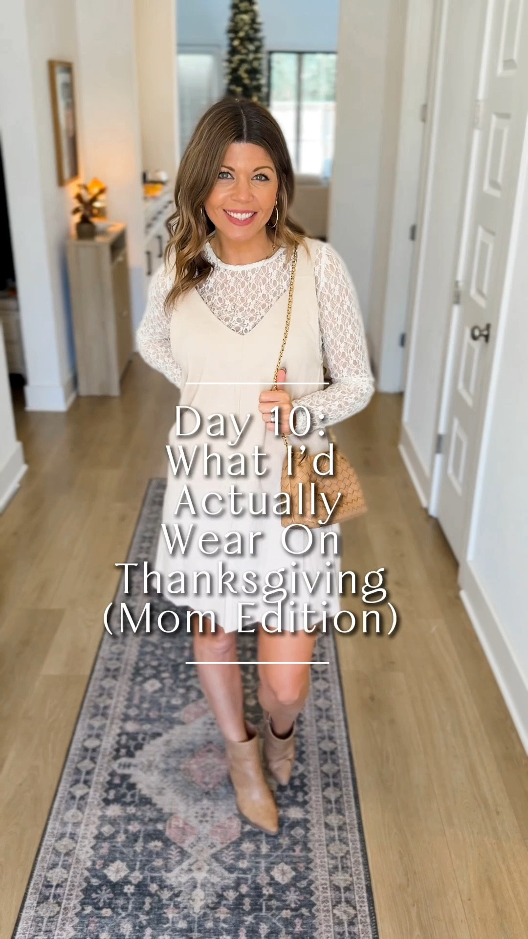 Day 10 (and last day!) of Thanksgiving outfits mom edition 🤎
Layered neutrals for the win! This lace top + corduroy dress combo is giving cozy, classy, and totally holiday-ready. Paired it with my favorite neutral boots and a woven bag to keep things soft and feminine. #thanksgivingoutfitinspo #momstyle 

#LTKSeasonal #LTKFindsUnder50 #LTKStyleTip