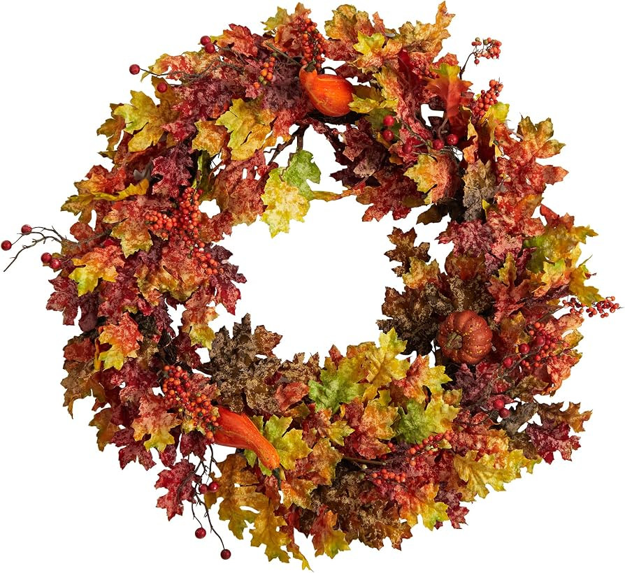 Nearly Natural 32 in Artificial Autumn Oak Leaf Wreath for Home Front Door | Amazon (US)