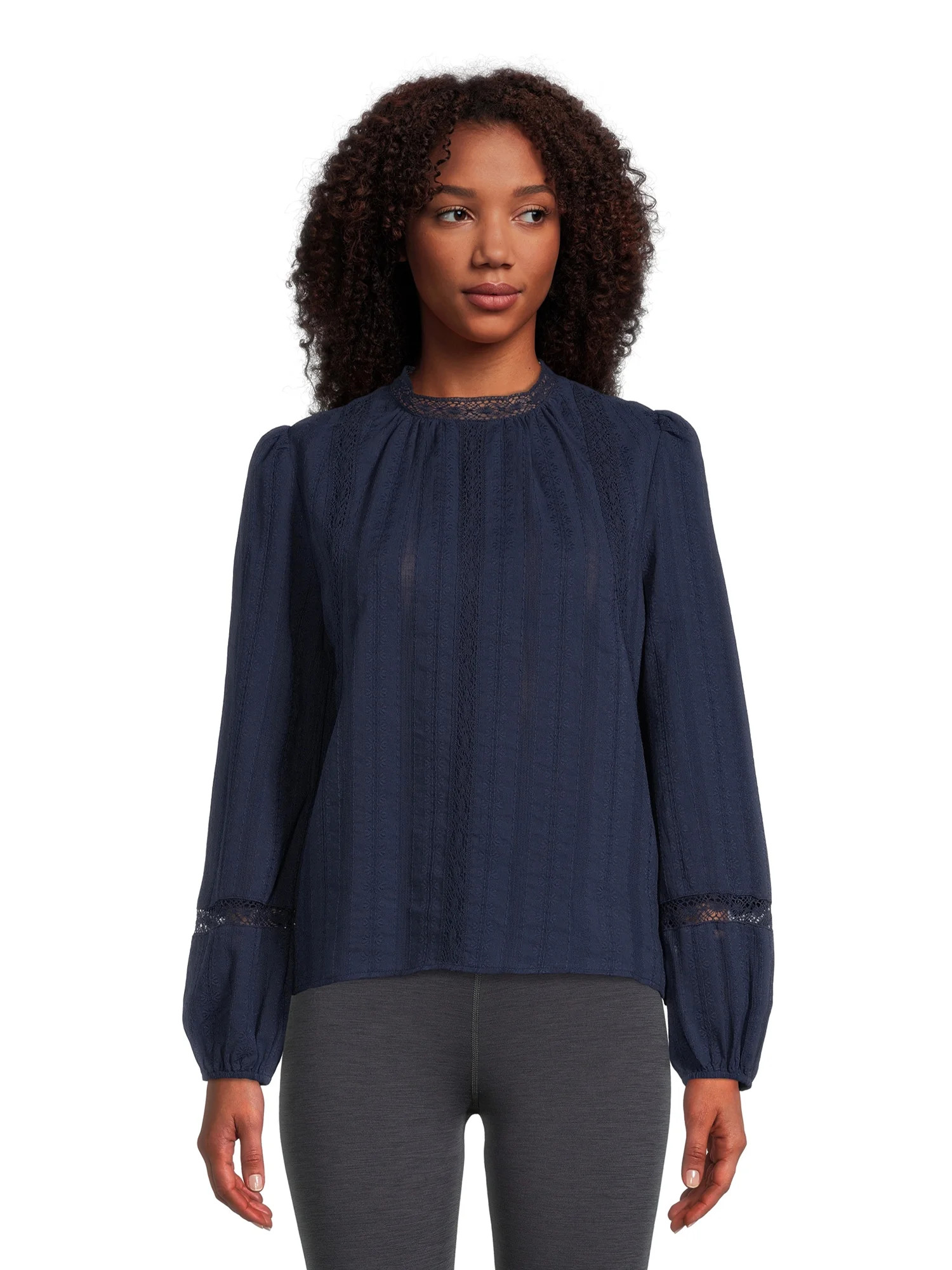 Time and Tru Women’s Long Sleeve Lace Pieced Top | Walmart (US)