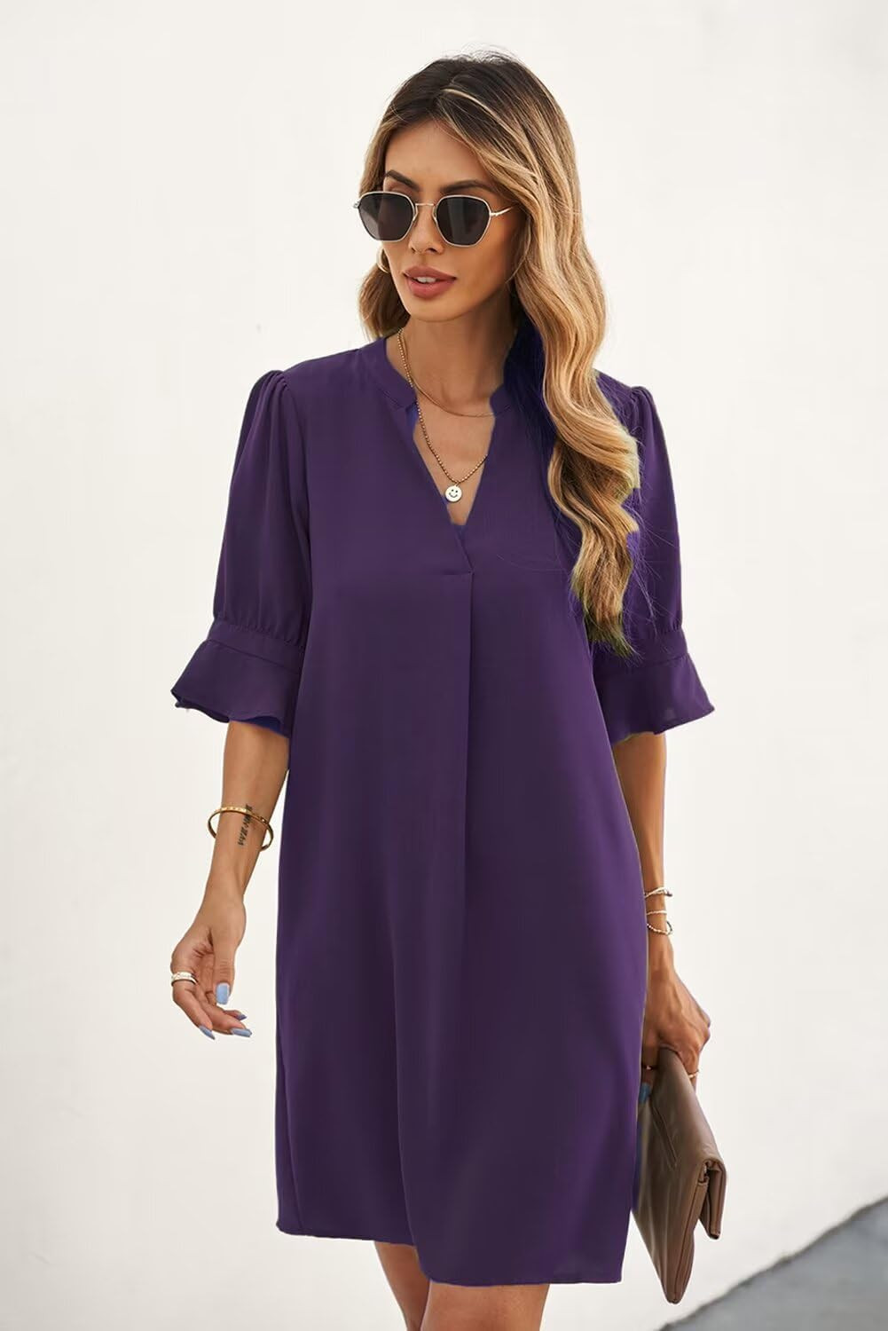 QACOHU Summer Dresses for Women V Neck Ruffle Short Sleeve Shift Dress | Amazon (US)