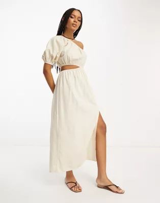 ASOS DESIGN linen one shoulder midi dress in  natural | ASOS (Global)