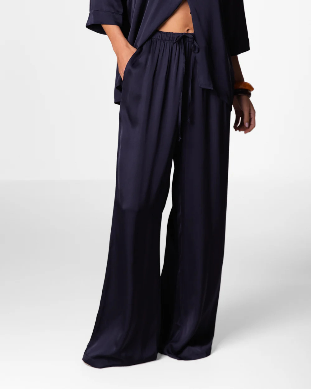 Nora Drawstring Satin Pants | Navy | JAKI