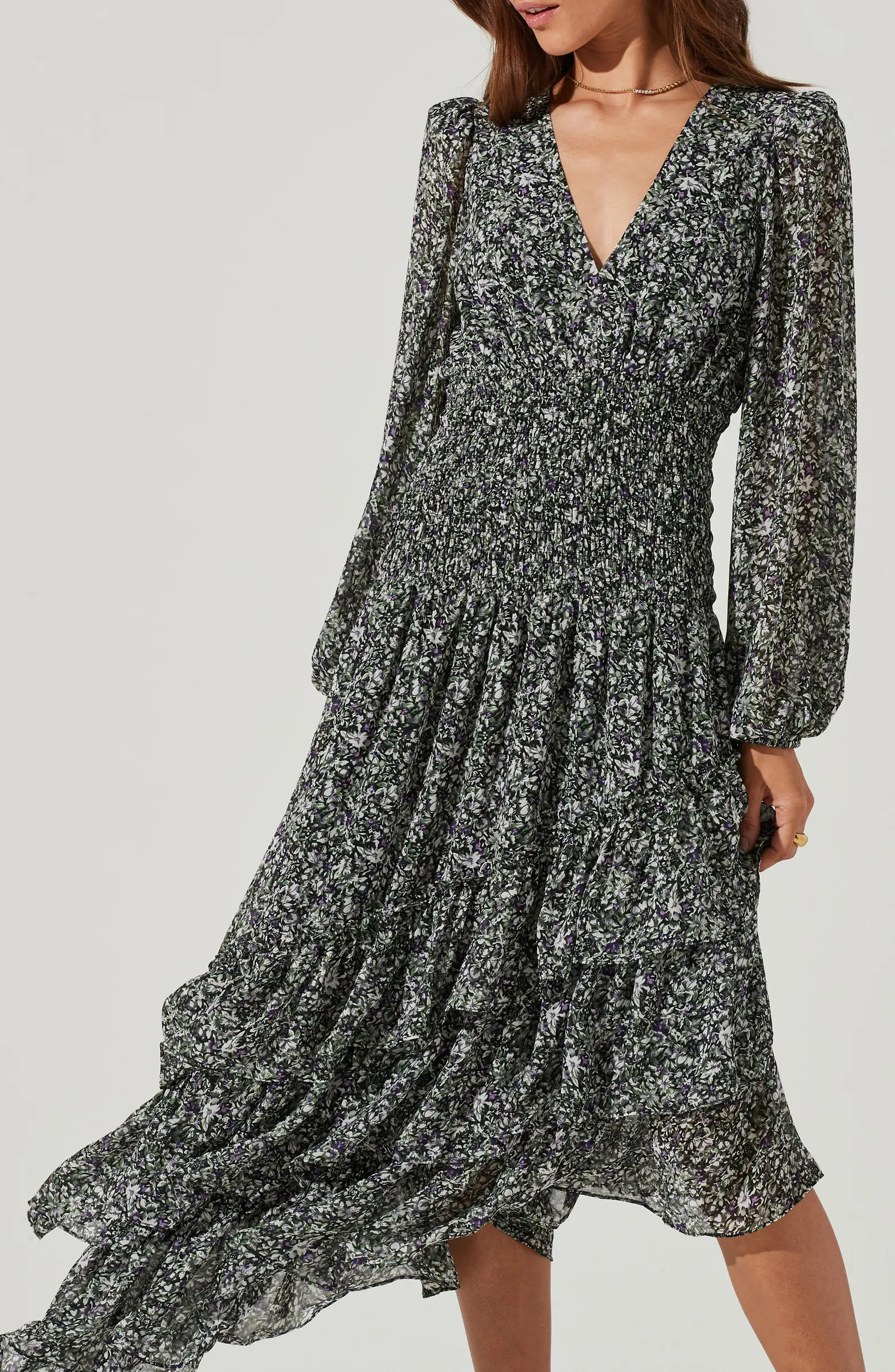 Asymmetric Ruffle Long Sleeve Midi Dress | Nordstrom