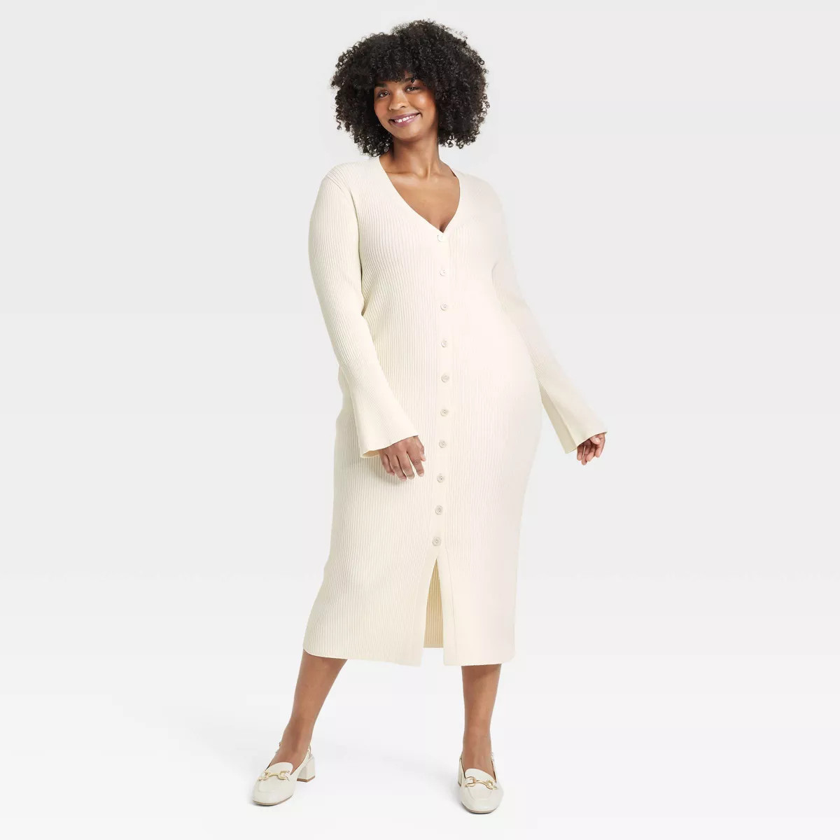 Women's Bell Long Sleeve Midi Sweater Dress - A New Day™ Cream XXL | Target