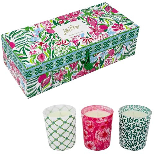 Lilly Pulitzer 3-Pack Scented Votive Candles, Small Candles in Decorative Jars, Assorted Colored Glass Candle Holder, 2.5oz Soy Wax Candles with Single Wick (Glowing Gardens) | Amazon (US)