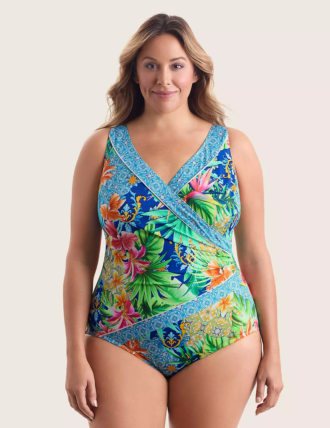 Longitude by Mimi Flamingo - Piped Surplice One Piece - Boca Raton | Lane Bryant (US)