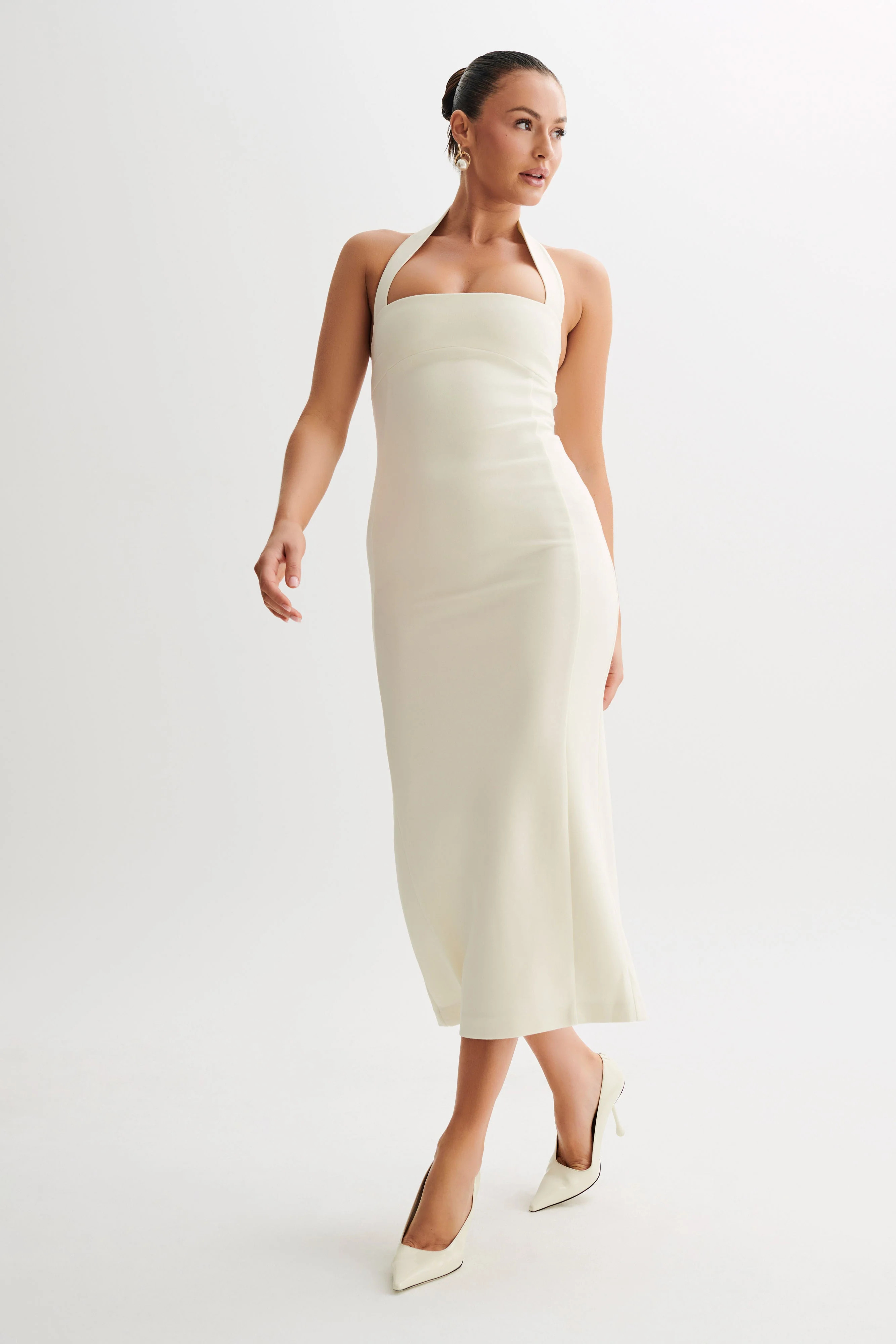 Amelita Suiting Halter Midi Dress - Ivory | MESHKI US