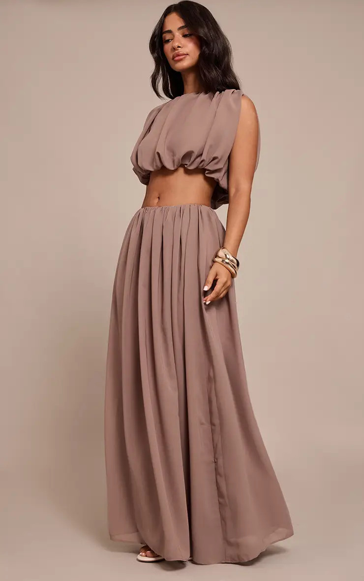Taupe Chiffon Bubble Maxi Skirt Co-ord | PrettyLittleThing USA | PrettyLittleThing US