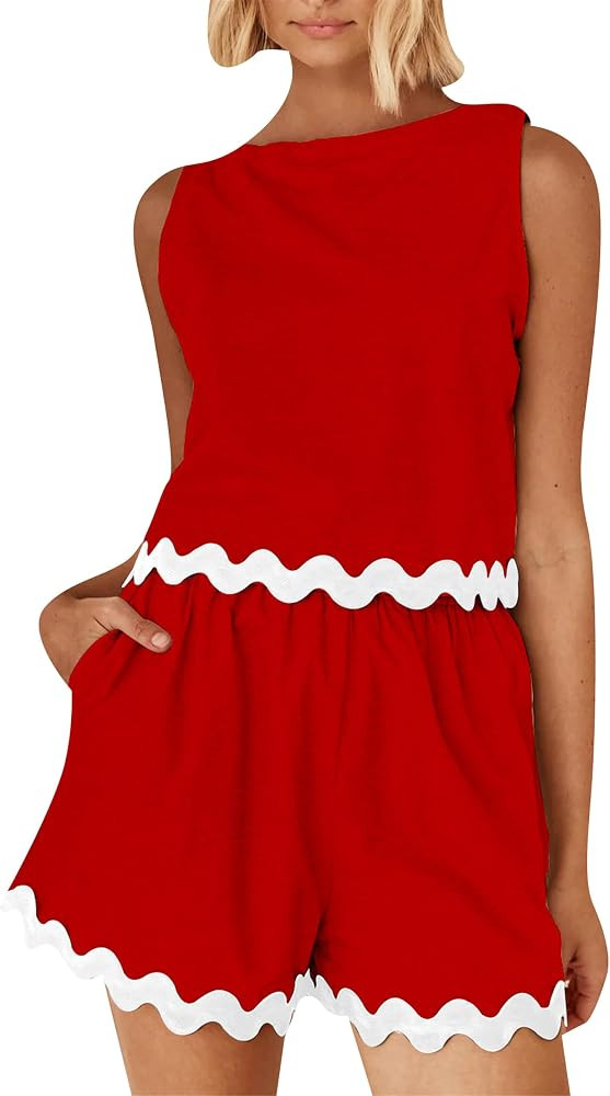 YMING Women Ripple Solid Color Outfits Striped Tank Crop Top And Loose Shorts Set | Amazon (US)