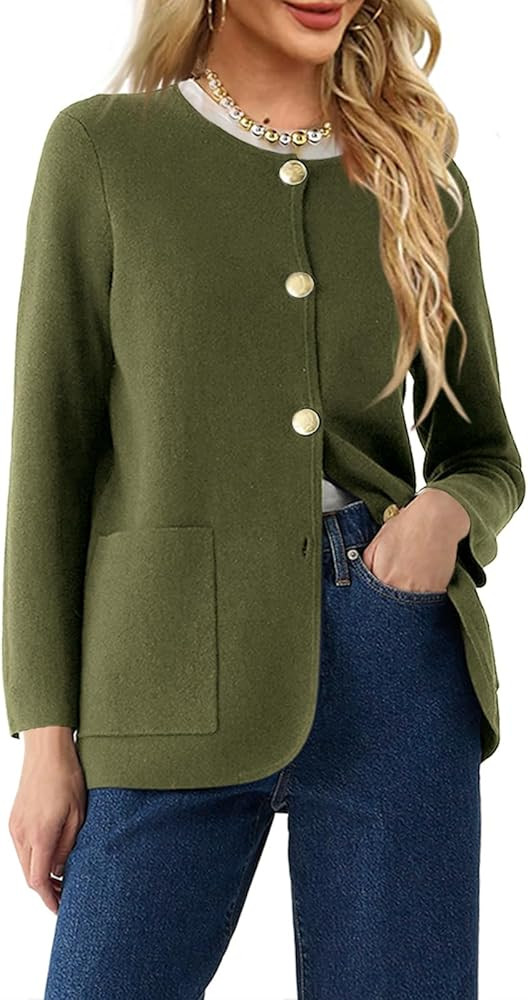 Langwyqu Womens Crew Neck Button Down Cardigan Sweaters Blazer Casual Long Sleeve Knit Solid Swea... | Amazon (US)