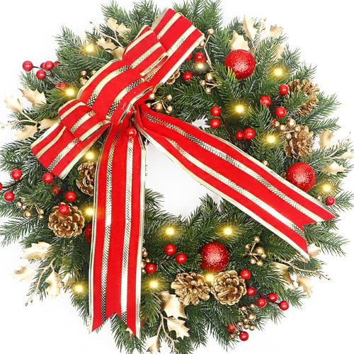Christmas Wreath with Lights，20''Bowknot Christmas Wreaths for Front Door, Shiny Ball Reindeer Leave for Christmas New Year Gift Home Décor | Amazon (US)