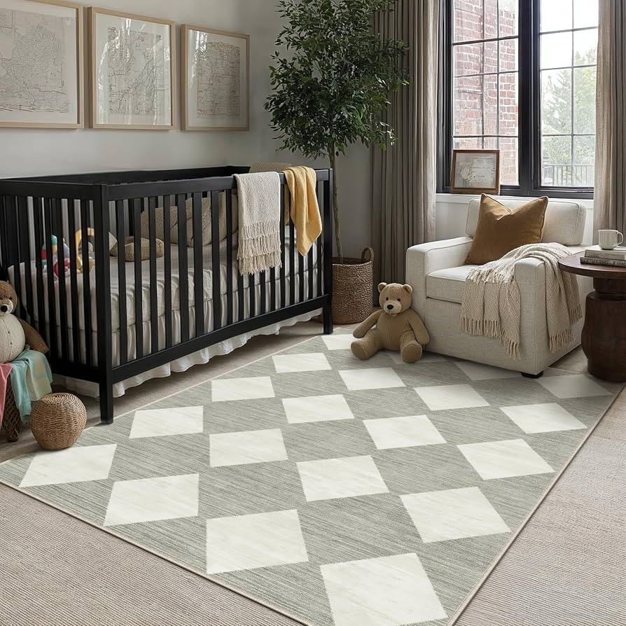 4x6 Checkered Area Rug Grey Machine Washable Small Rug Non-Slip Stain Resistant Low Pile Boho Acc... | Amazon (US)