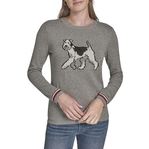 Tommy Hilfiger Women's Sportswear Cotton Crewneck Graphic Sweater, Medium Heather Grey Multi Terrier, Medium | Amazon (US)