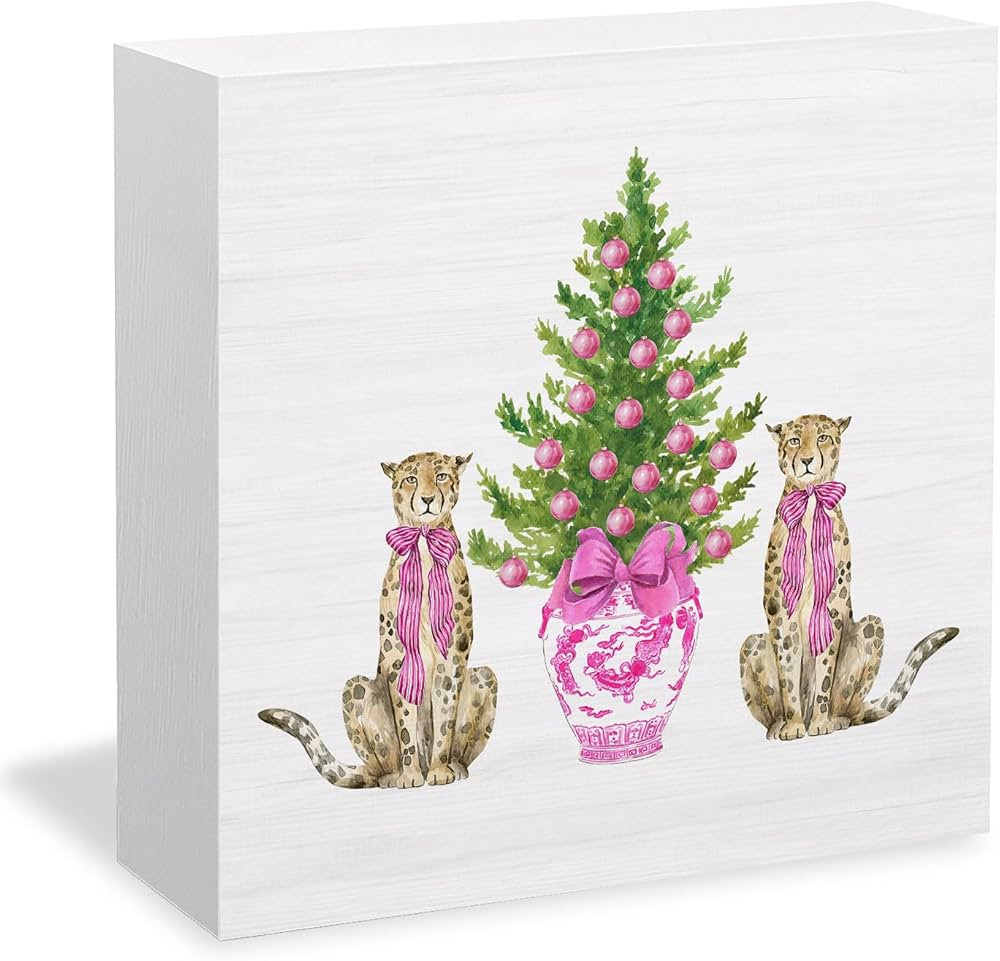 Pink Chinoiserie Christmas Tree Cheetah Wooden Box Sign Desk Decor, Grandmillennial Christmas Dec... | Amazon (US)