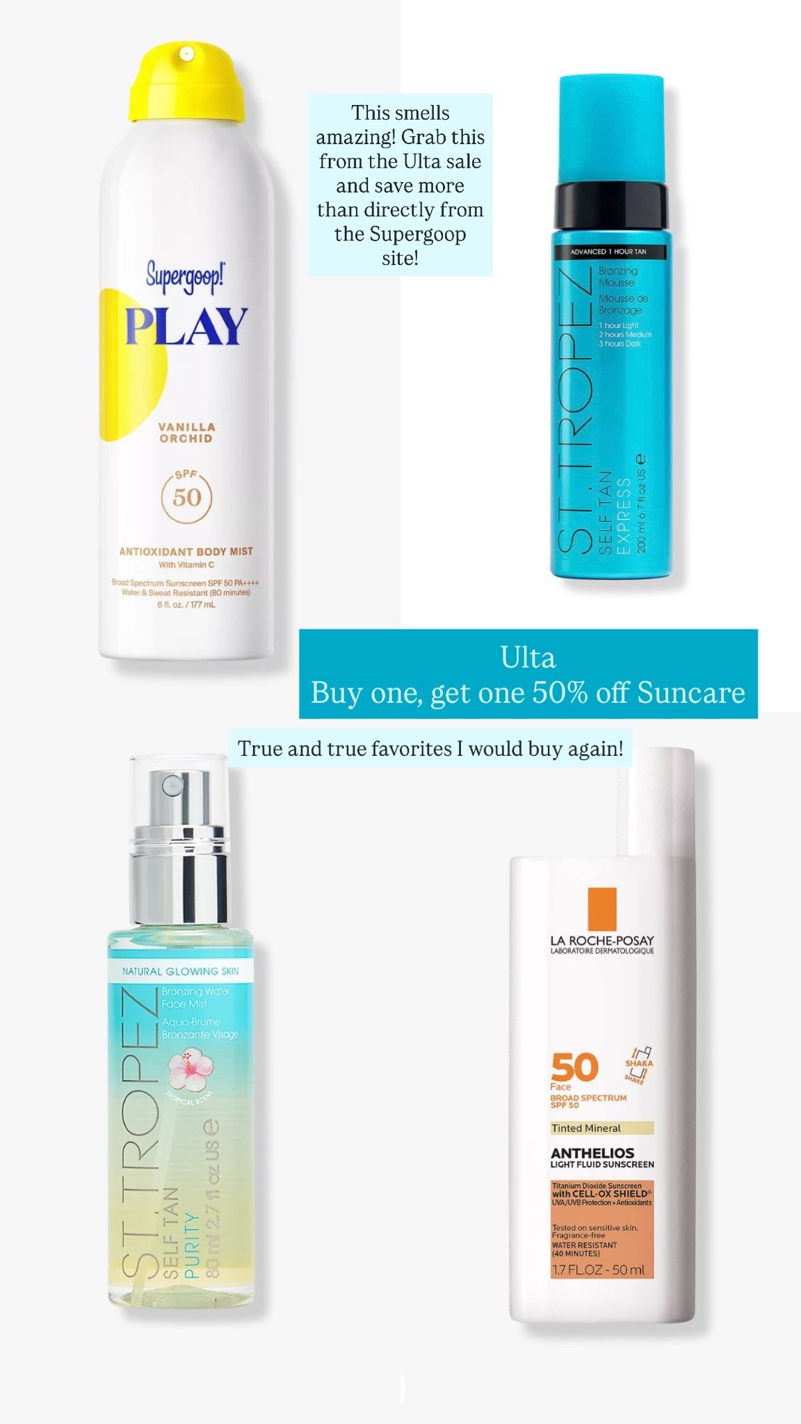Ulta buy one, get one 50% off select sun care items. These are a few of my favorites I’ve used, loved and would buy again

@ULTA Beauty @Supergoop!

#LTKmorningroutine #LTKSeasonal #LTKselfcare