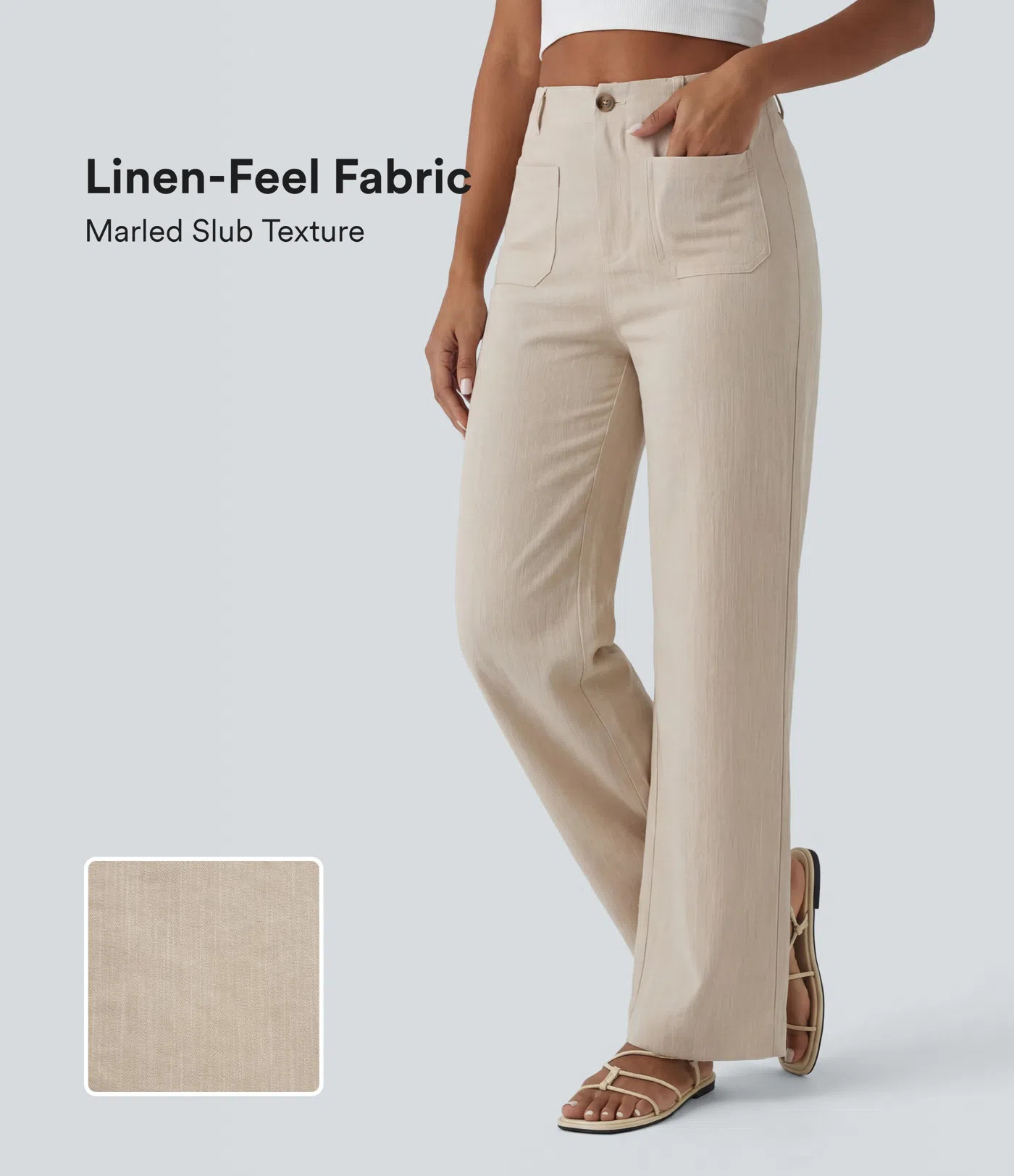 Women’s High Waisted Straight Leg Casual Linen-Feel Trousers with Pockets - Halara | Halara UK