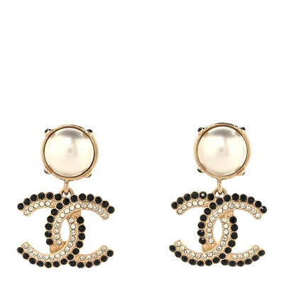 Pearl Crystal CC Drop Earrings Black Gold | FASHIONPHILE (US)