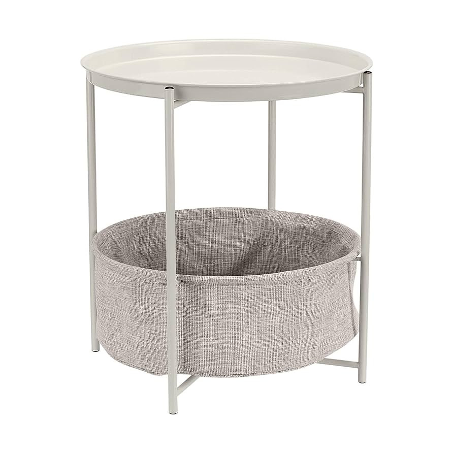 Amazon Basics Round Storage End Table, Side Table with Cloth Basket, White/Heather Gray, 17.7"L x... | Amazon (US)