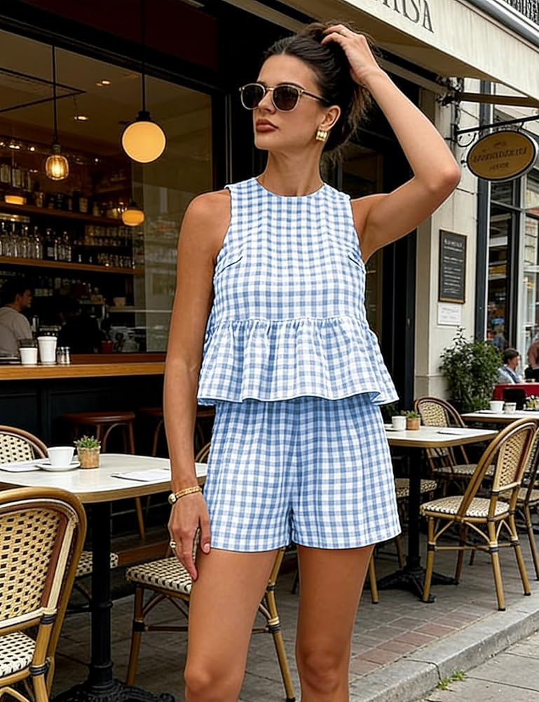 Womens 2 Piece Lounge Sets Gingham Plaid Sleeveless Ruffle Tank Tops and Shorts Sets Summer Matching Outfits | Amazon (US)