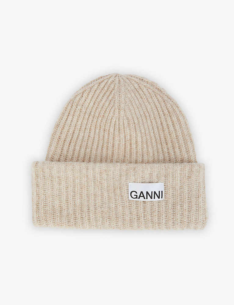 GANNI Logo-patch recycled wool-blend beanie hat | Selfridges