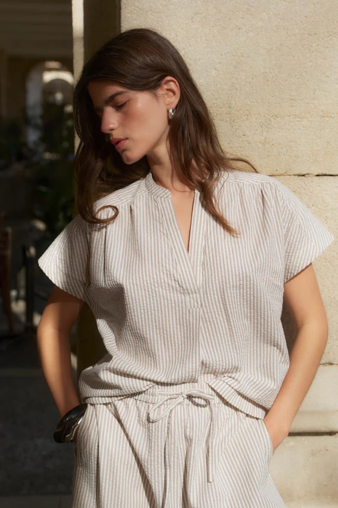 Romy Top - Cocoa/Ecru Stripe | WYSE London