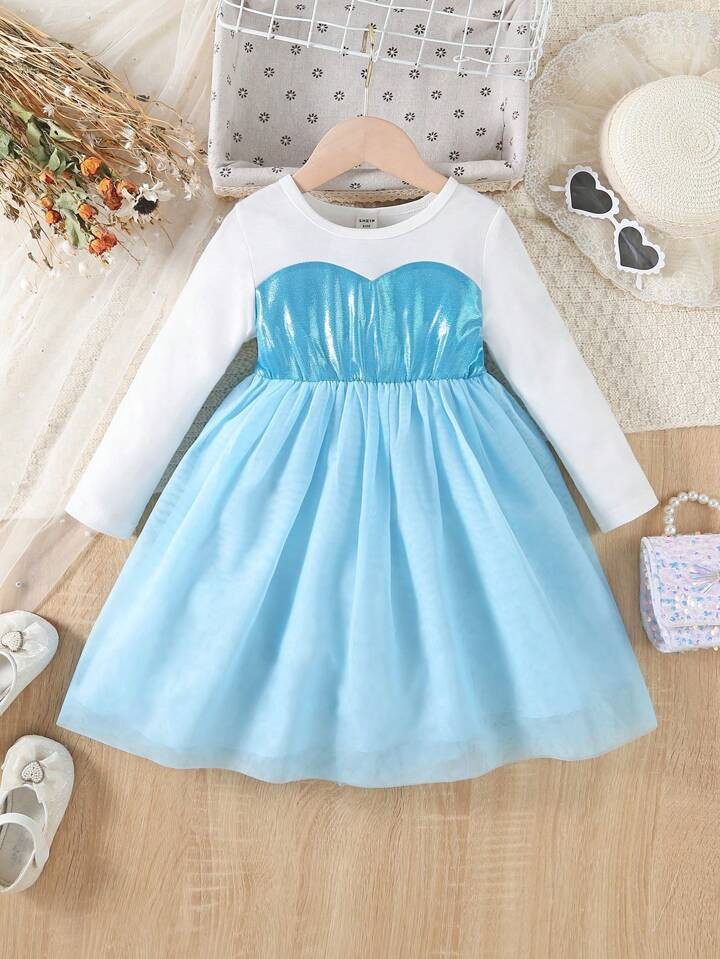 SHEIN Young Girl Round Neck Contrast Color Long Sleeve Dress | SHEIN