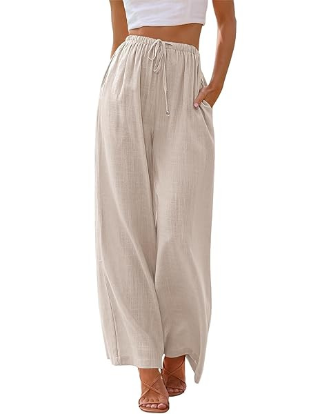 Faleave Women's Cotton Linen Summer Palazzo Pants Flowy Wide Leg Beach Trousers with Pockets | Amazon (US)