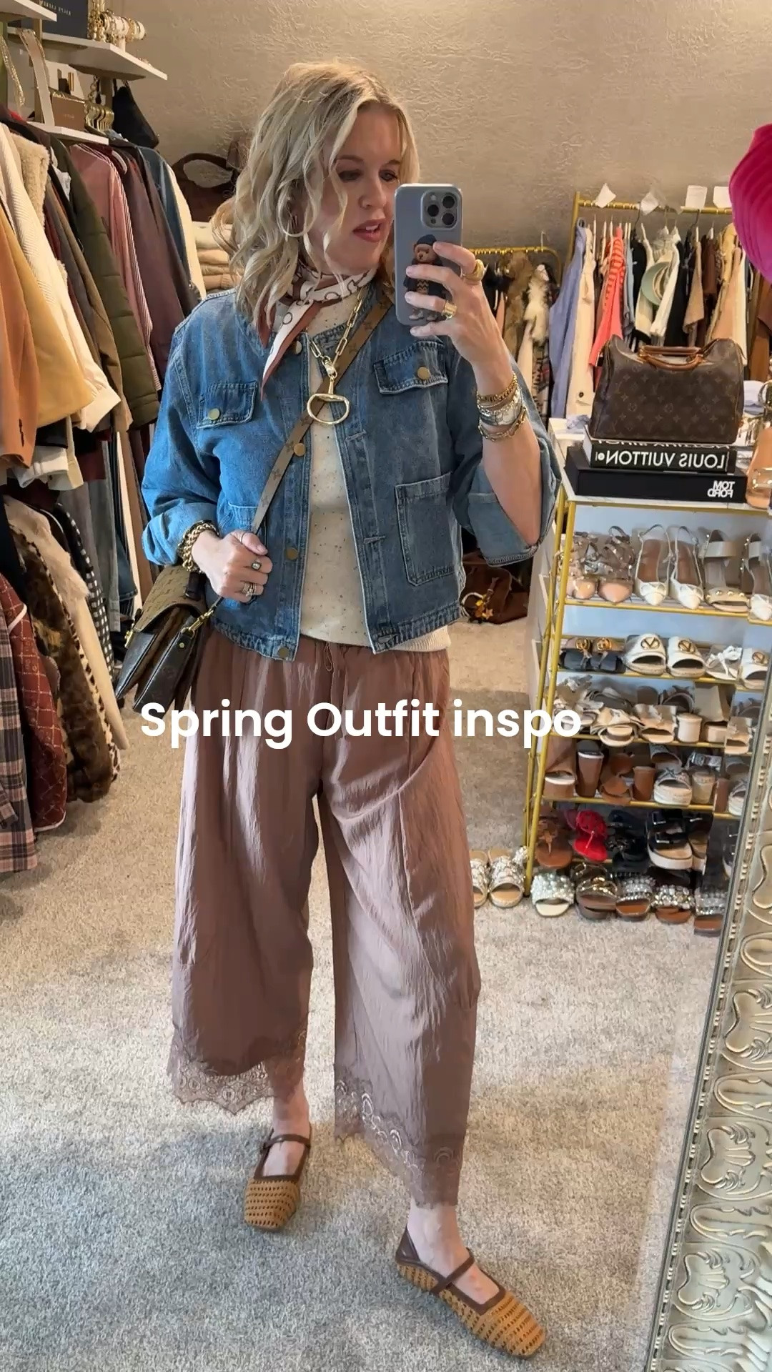Spring outfit inspo

On trend- lace detail 
These free people pants.. that have an identical Amazon dupe… I got more compliments on these plats ❤️
In a med 

Cashmere sweater tee shirt by Chicos  fits tts 

Amazon find- denim patch pocket lightweight crop jacket 

Horsebit necklace 
Comes in gold or silver 

horse  bit scarf 

Cane and leather Mary Jane’s 
On sale for under $60

Lv bag

#LTKdayinmylife #LTKgrwm #LTKootd