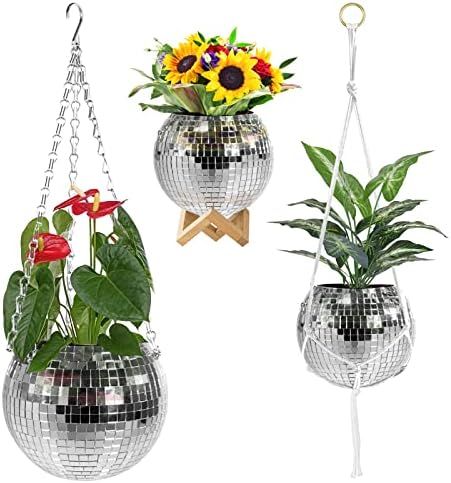 Disco Ball Planter 8" - Mirror Ball Plant Hanger with Chain and Macrame Rope and Wooden Stand for... | Amazon (US)