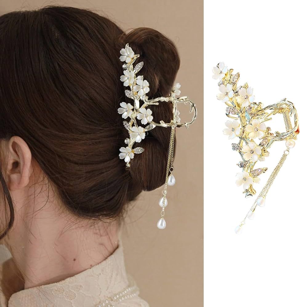 Jasmine Hair Clip Large Hair Claw Clips Metal Flower Hair Clip with Pearl Rhinestone Design Non-s... | Amazon (US)