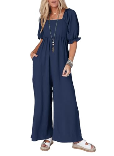 Dokotoo Womens Overalls Navy Blue Jumpsuits for Women Casual Loose Fit Solid Color Wide Leg One Piece Short Puff Sleeves Jumpsuit Solid Color Long Pant Rompers with Pockets Medium | Amazon (US)