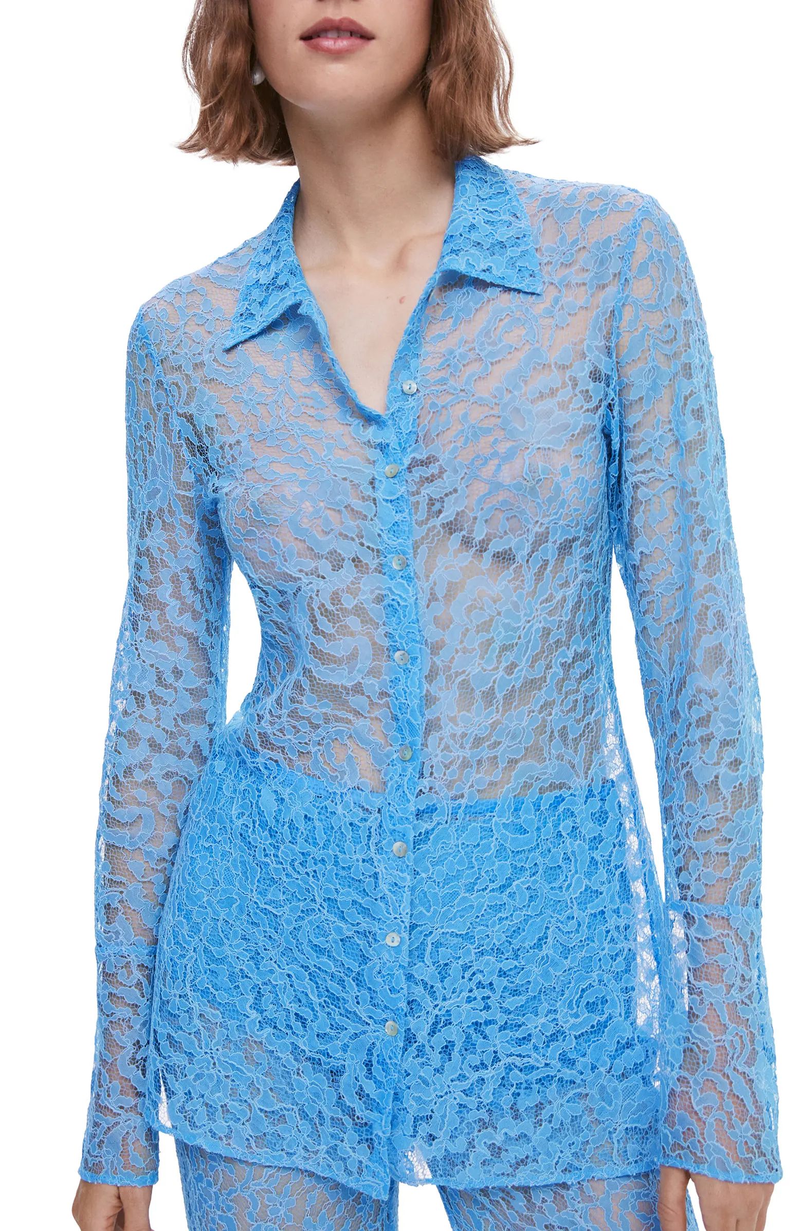 MANGO Sheer Lace Button-Up Shirt | Nordstrom | Nordstrom