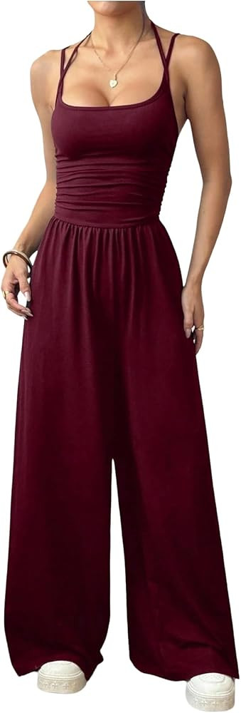 Floerns Women's Summer Jumpsuit Romper Spaghetti Strap Wide Leg Baggy Pants | Amazon (US)