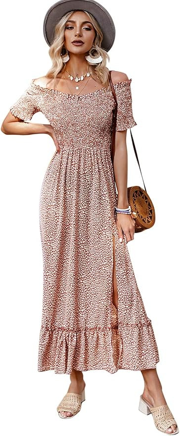 Miessial Women's Polka Dot Off Shoulder Long Dress Cute Summer Split Maxi Dress | Amazon (US)