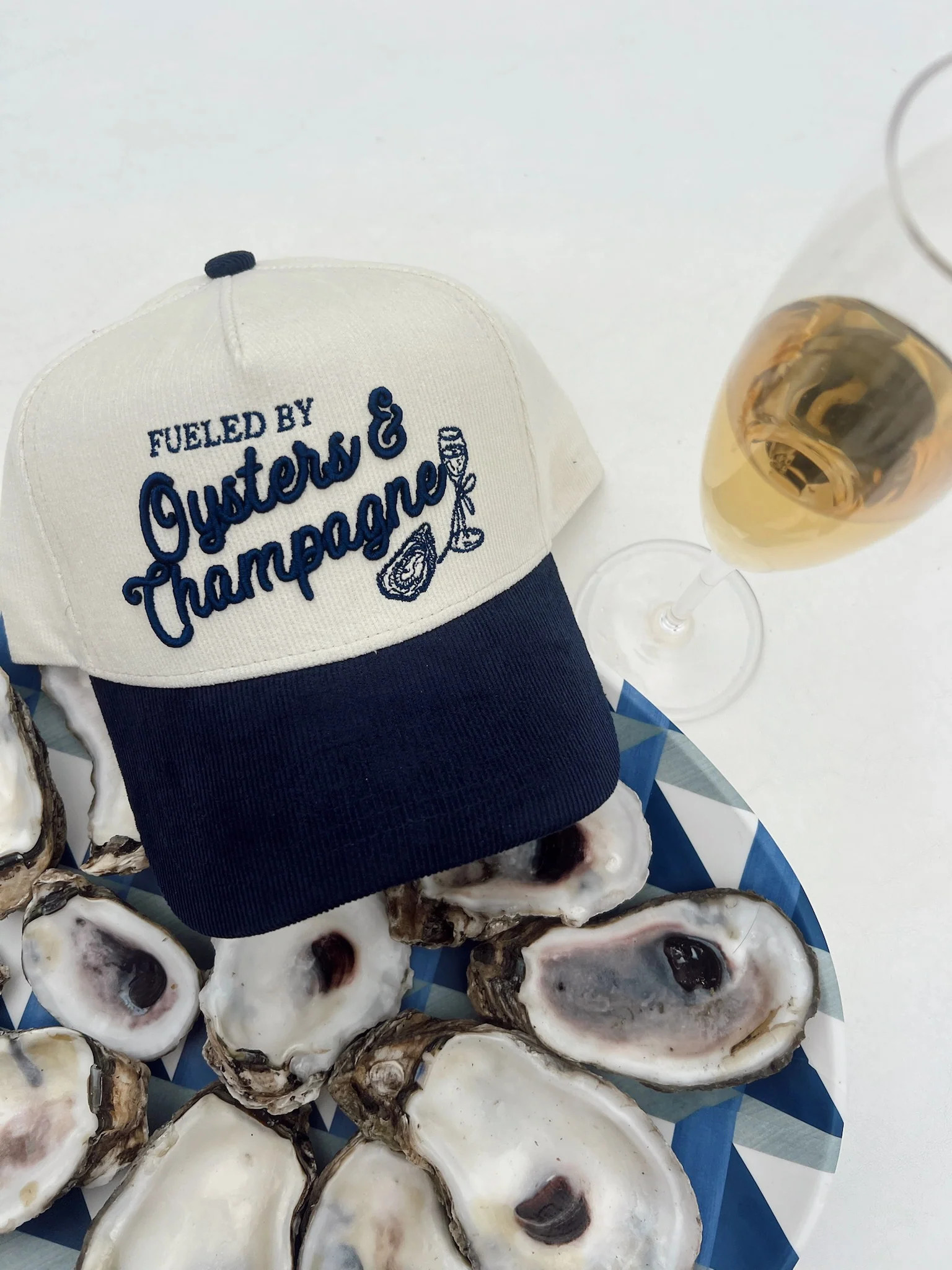 Oysters & Champagne - Navy Corduroy Trucker Hat | KenzKustomz
