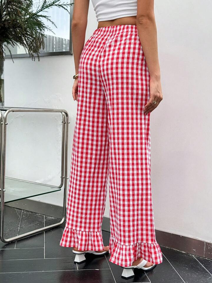 SHEIN Essnce Women's Summer Fresh Plaid Small Ruffle Hem Pants With Red And White Textured Plaid ... | SHEIN