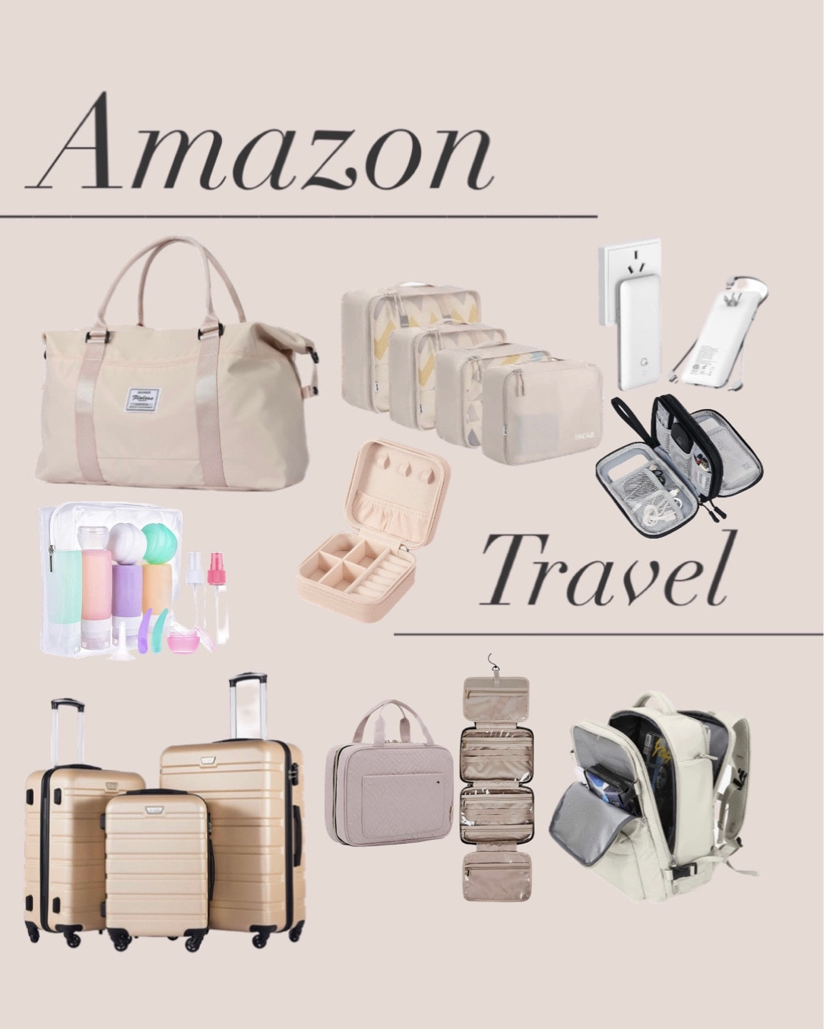 Amazon travel finds. 

Portable charger 
Luggage 
Duffel Bag 
Toiletry Bag 
Jewelry organizer 
Travel Backpack 
Packing cubes 
Electronics organizer 

#LTKFind #LTKtravel #LTKitbag