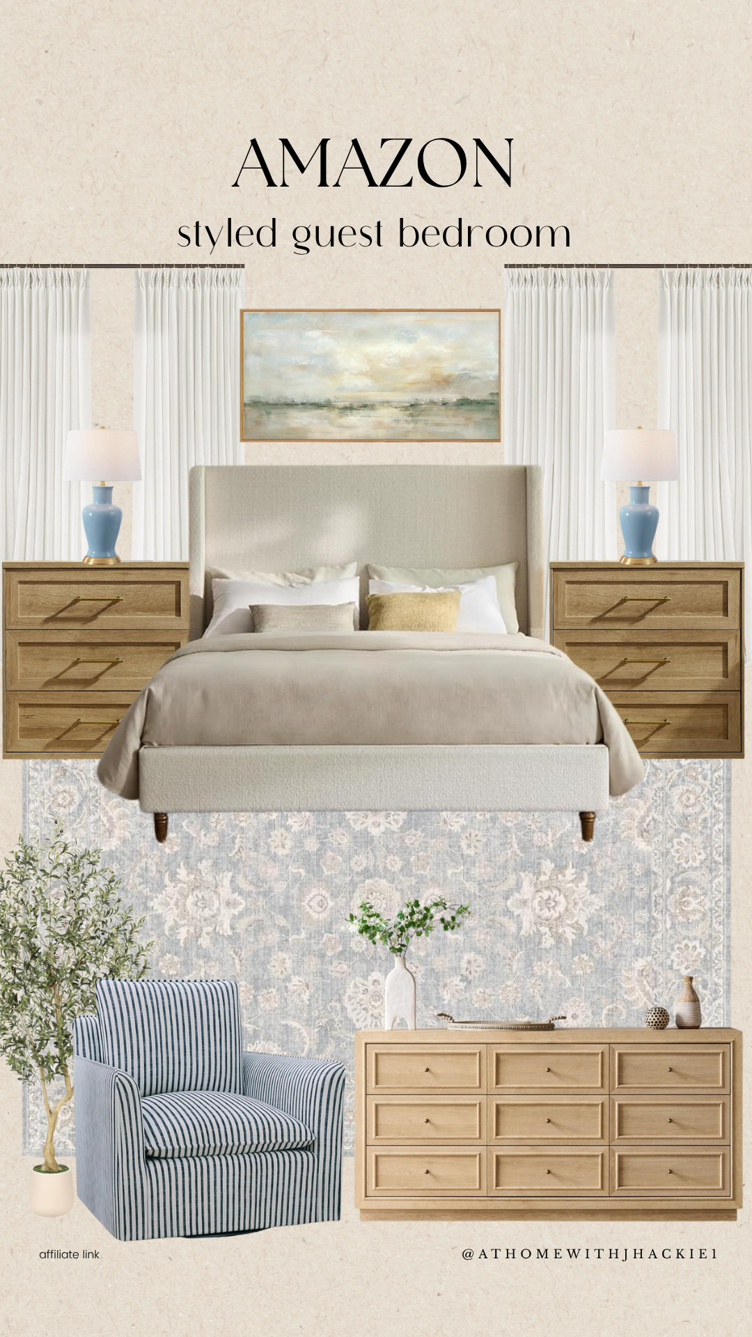 Amazon Styled Guest Bedroom
guest bedroom ideas, guest room decor, upholstered bed, bedroom furniture, blue accent chair, wood dresser, matching nightstands, table lamps, neutral bedroom, bedroom styling, area rug, wall art, traditional bedroom decor, cozy guest room, cottage style bedroom, designer inspired bedroom, Amazon home finds, bedroom makeover, home decor inspiration, layered bedroom design

#LTKHome #LTKSaleAlert