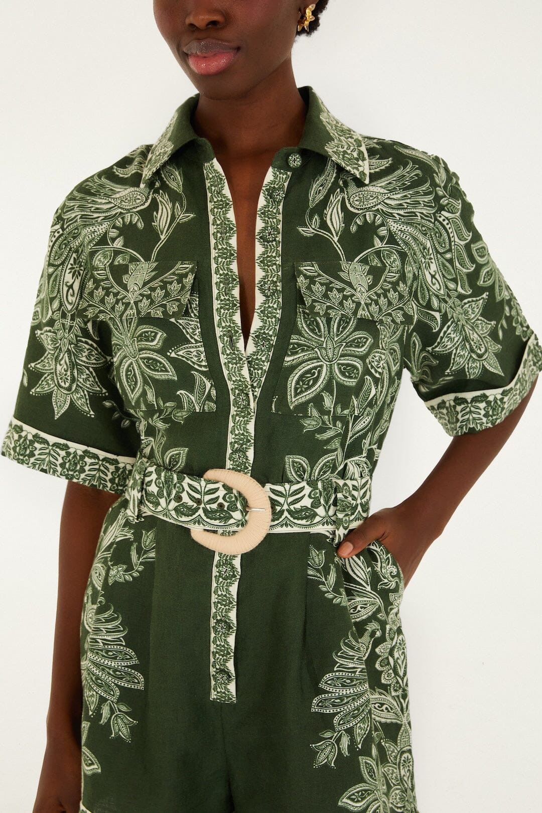 Dark Green Miranda Belted Romper | FARM Rio | FarmRio (US)