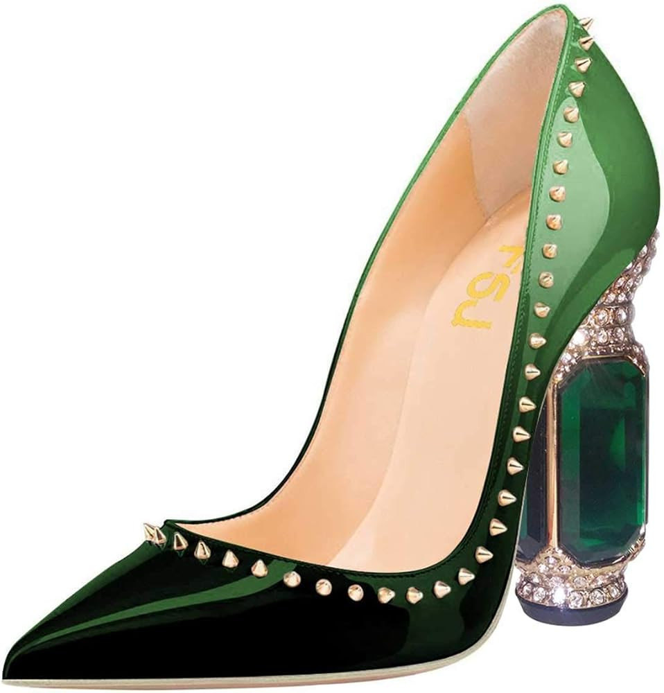 FSJ Women Bridal Pointed Toe Chunky Block Low Heel Crystal Pumps Slip on Wedding Thick Comfort Ev... | Amazon (US)