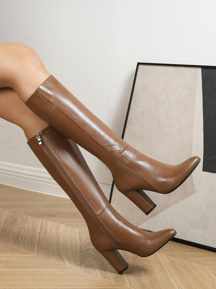 2025 New Design Women's Fashion Pointed Toe Chunky Heel Knee-High Boots,Brown Boots | SHEIN