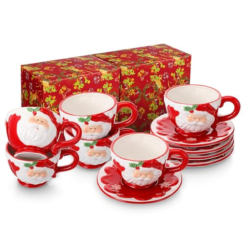 Sieral 6 Sets Christmas Santa Cups and Saucers Ceramic Beverage Drinking Mugs Red Espresso Santa Christmas Coffee Mugs for Cafe Tea Kitchen Holiday Decorations(Snowflake Style) | Amazon (US)