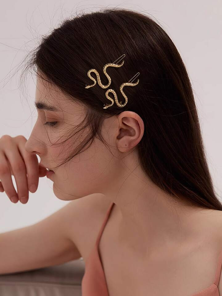 2pcs Snake Shaped Gold-Tone Metal Hair Clips, Dark Gothic Style Cool Girl Hair Accessories, Allig... | SHEIN