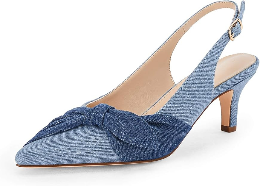Coutgo Womens Bow Heels Slingback Pumps Low Kitten Heels Closed Pointed Toe Sandals Denim Dress S... | Amazon (US)