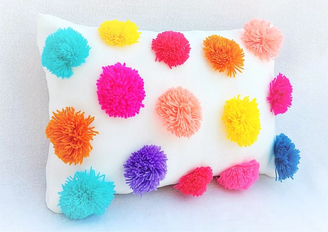 Big Pom Pom Multicolored Boho Cushion Cover / Holiday Sales - Etsy | Etsy (US)